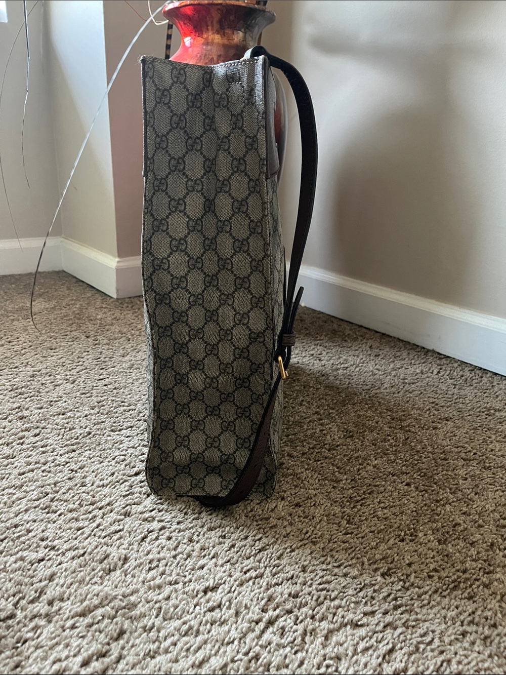 Gucci Beige GG Canvas Crossbody Tote with Brown Leather Trim - Picture 2 of 6